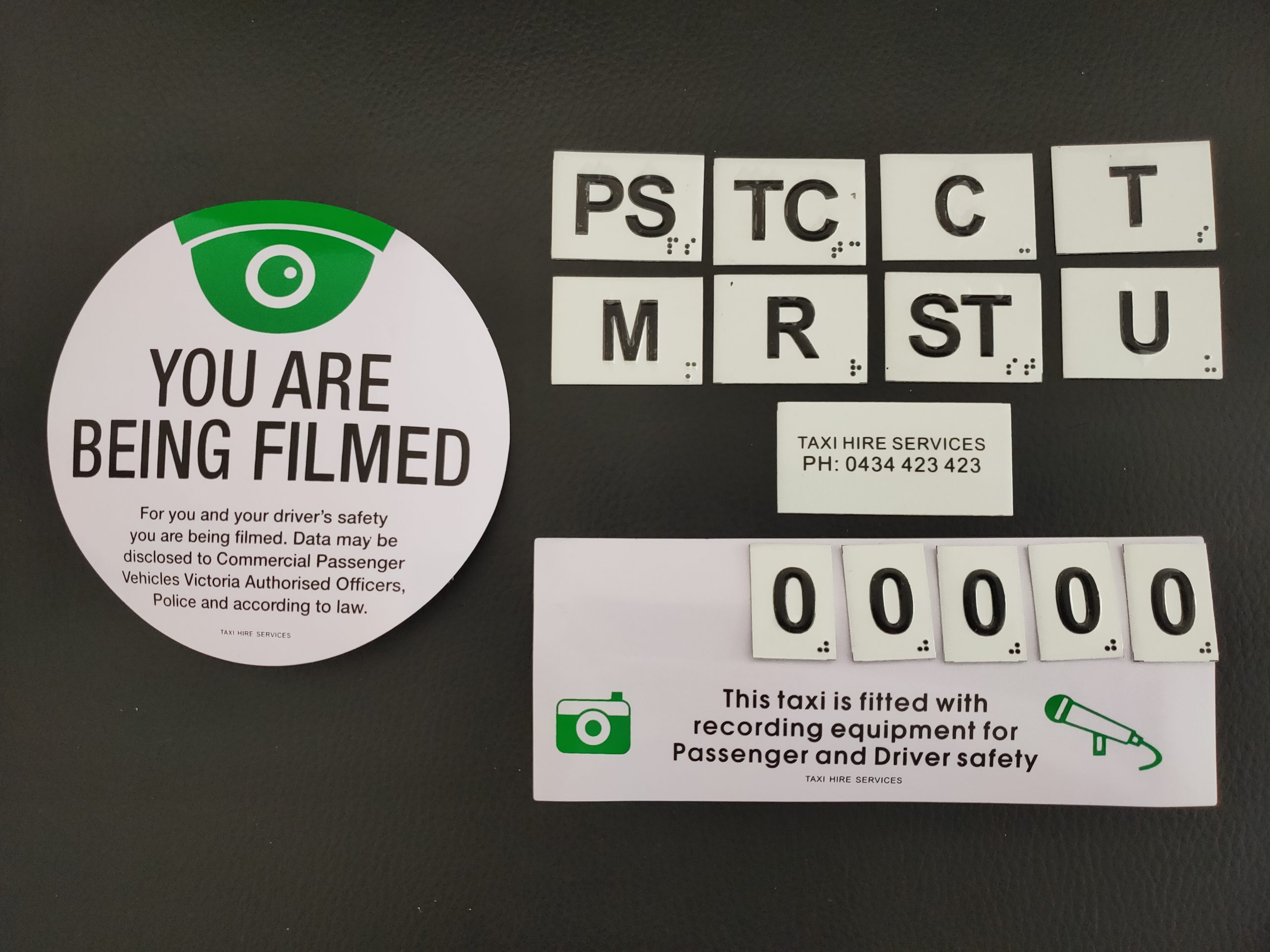 Tactile / Braille Door Numbers with Taxi Camera Security Stickers Kit